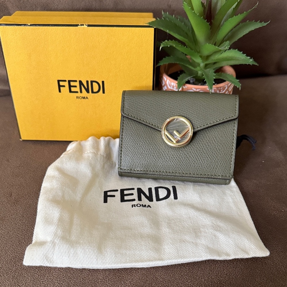 Fendi Olive Green Trifold Compact Wallet w Gold Logo Accent Everything Included